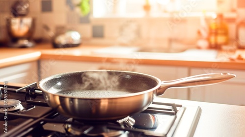 Sunlit kitchen scene with a hot frying pan steaming on a gas stove. 