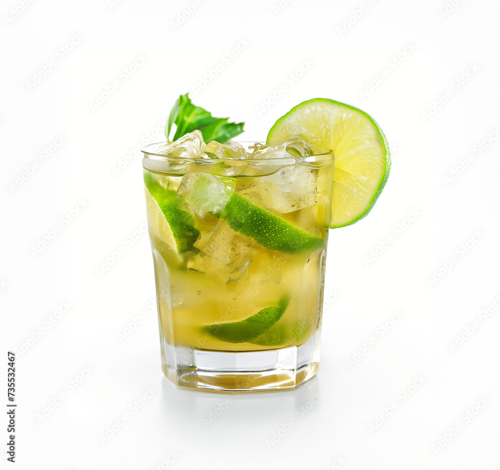 Caipirinha cocktail with lime, sugar, and ice in an old-fashioned glass, white background Caipirinha cocktail with lime, sugar, and ice in an old-fashioned glass, white background