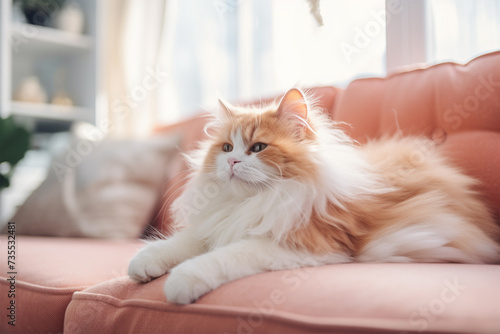 A majestic fluffy cat rests on a peach sofa, gazing distantly. photo