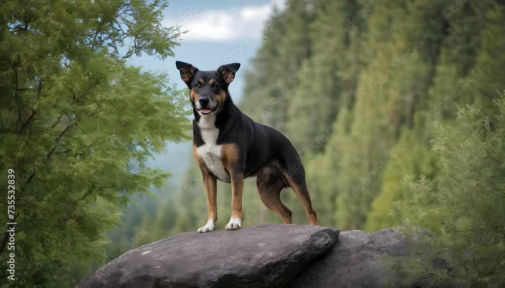 A formidable Dog standing on a rock surrounded by trees and vegetation. Splendid nature concept.