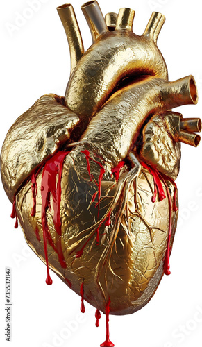 image of a broken bleeding human golden heart isolated on a transparent background