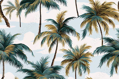 seamless pattern with palm trees on background blue white sky with clouds © alexkoral
