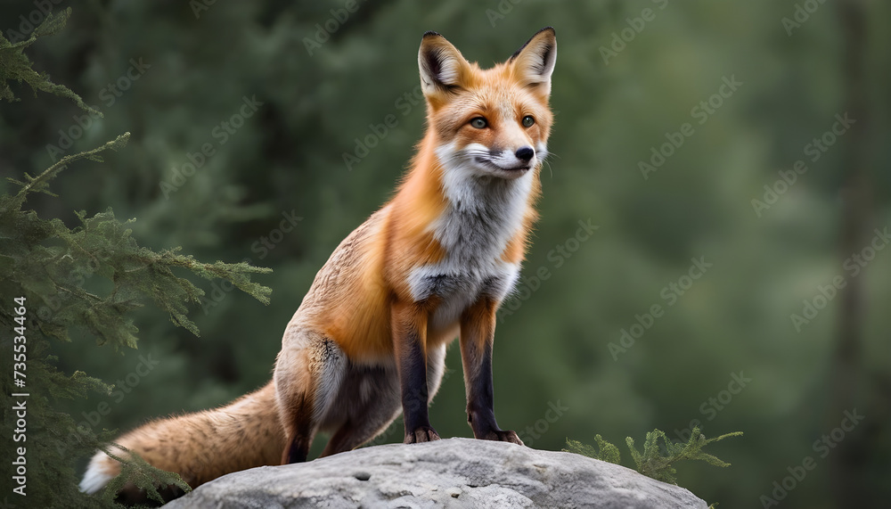 Obraz premium A formidable Fox standing on a rock surrounded by trees and vegetation. Splendid nature concept.