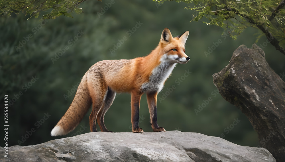 A formidable Fox standing on a rock surrounded by trees and vegetation. Splendid nature concept. A formidable Fox standing on a rock surrounded by trees and vegetation. Splendid nature concept.