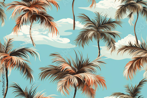 seamless pattern with palm trees on background blue white sky with clouds