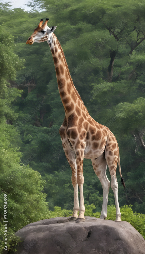 A formidable Giraffe standing on a rock surrounded by trees and vegetation. Splendid nature concept. A formidable Giraffe standing on a rock surrounded by trees and vegetation. Splendid nature concept.