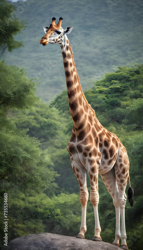 A formidable Giraffe standing on a rock surrounded by trees and vegetation. Splendid nature concept.