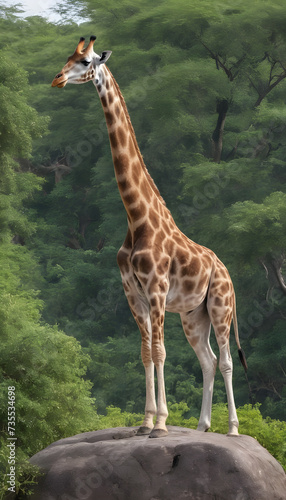 A formidable Giraffe standing on a rock surrounded by trees and vegetation. Splendid nature concept.