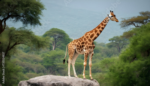 A formidable Giraffe standing on a rock surrounded by trees and vegetation. Splendid nature concept.