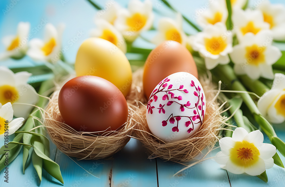 Multi colors Easter eggs in the woven basket isolated on light wooden background with clipping path grass and flowers around. Pastel color Easter eggs.