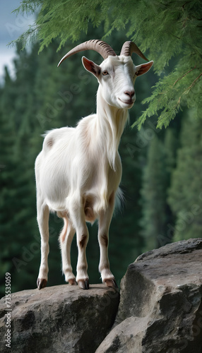 A formidable Goat standing on a rock surrounded by trees and vegetation. Splendid nature concept.