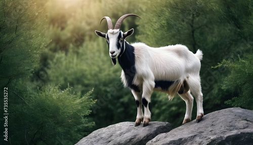 A formidable Goat standing on a rock surrounded by trees and vegetation. Splendid nature concept.