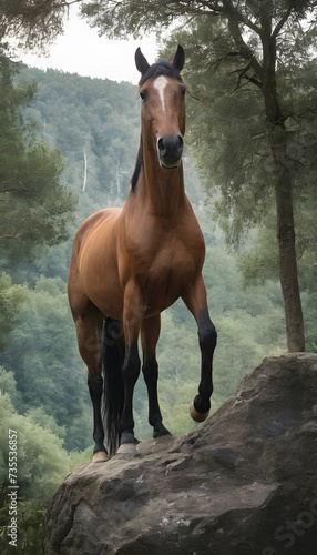 A formidable Horse standing on a rock surrounded by trees and vegetation. Splendid nature concept.