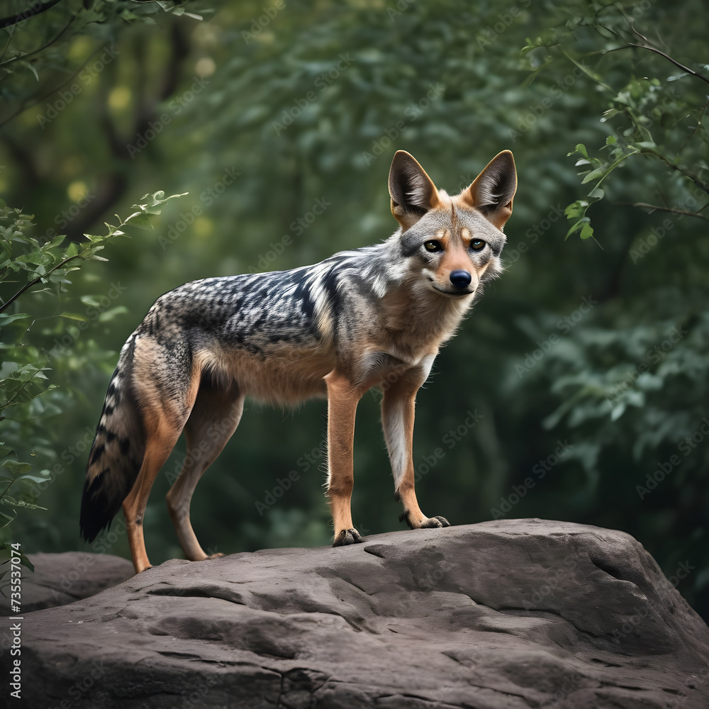 A formidable Jackal standing on a rock surrounded by trees and vegetation. Splendid nature concept.