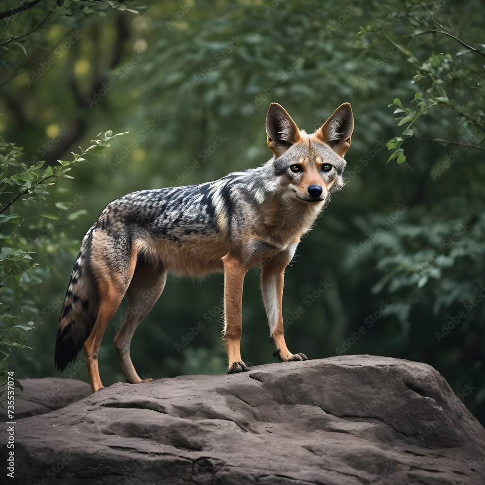 A formidable Jackal standing on a rock surrounded by trees and vegetation. Splendid nature concept. A formidable Jackal standing on a rock surrounded by trees and vegetation. Splendid nature concept.