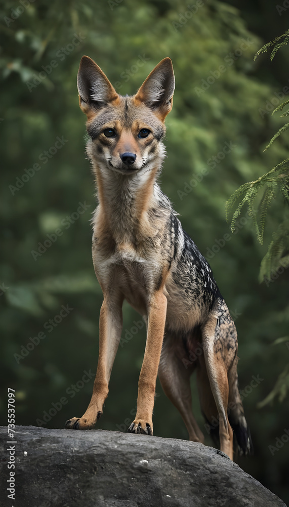 A formidable Jackal standing on a rock surrounded by trees and vegetation. Splendid nature concept.