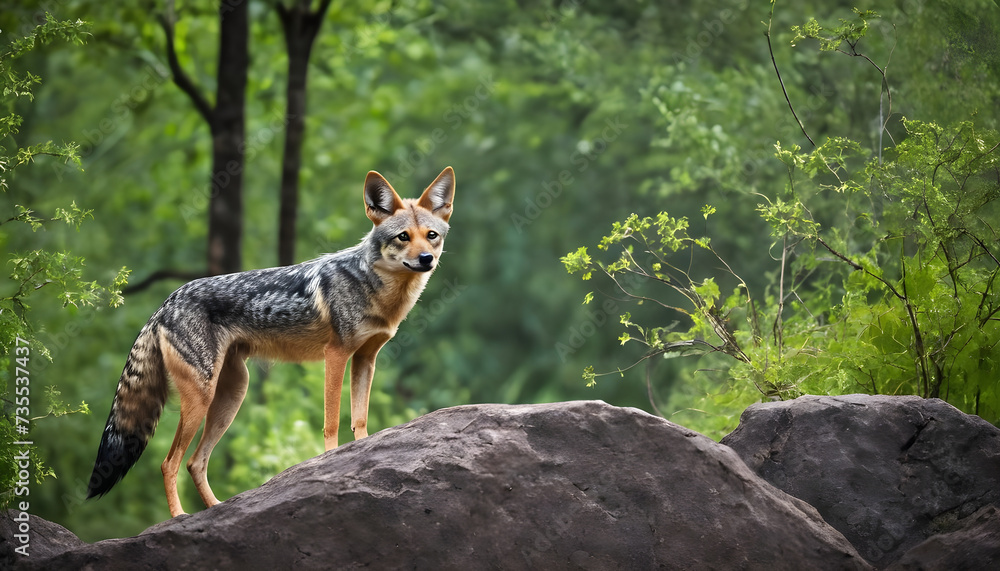 A formidable Jackal standing on a rock surrounded by trees and vegetation. Splendid nature concept.