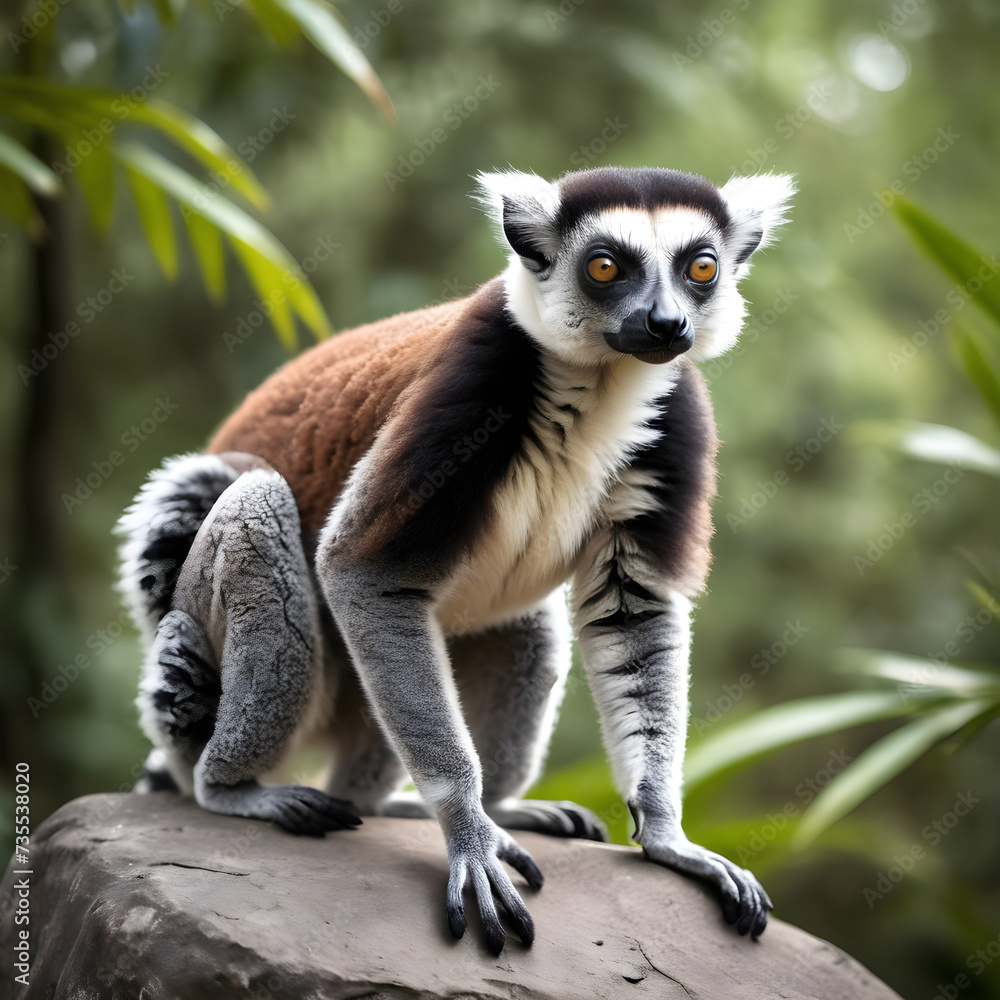 Obraz premium A formidable Lemur standing on a rock surrounded by trees and vegetation. Splendid nature concept.