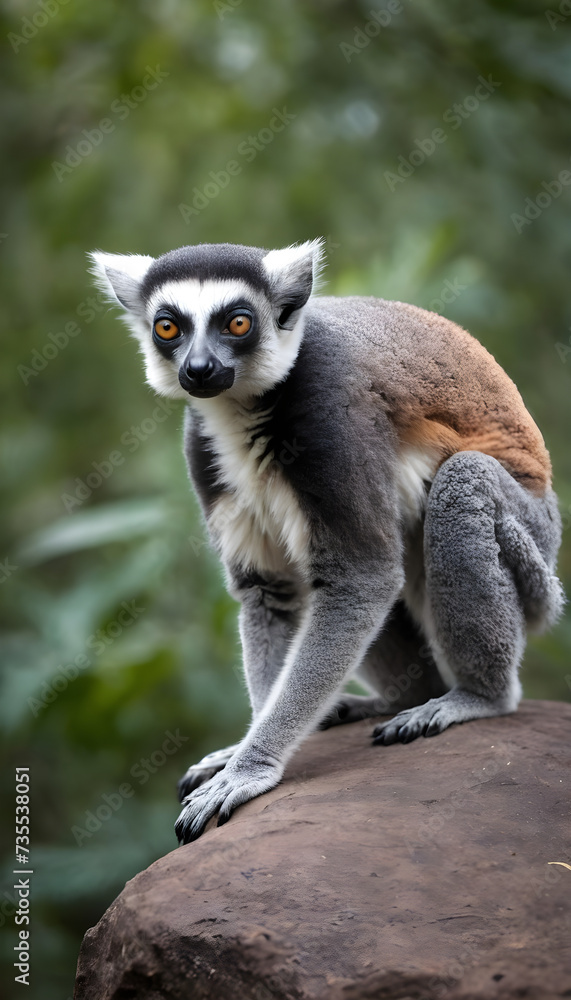 Obraz premium A formidable Lemur standing on a rock surrounded by trees and vegetation. Splendid nature concept.