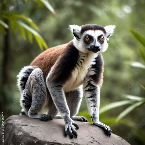 A formidable Lemur standing on a rock surrounded by trees and vegetation. Splendid nature concept.