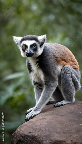 A formidable Lemur standing on a rock surrounded by trees and vegetation. Splendid nature concept.