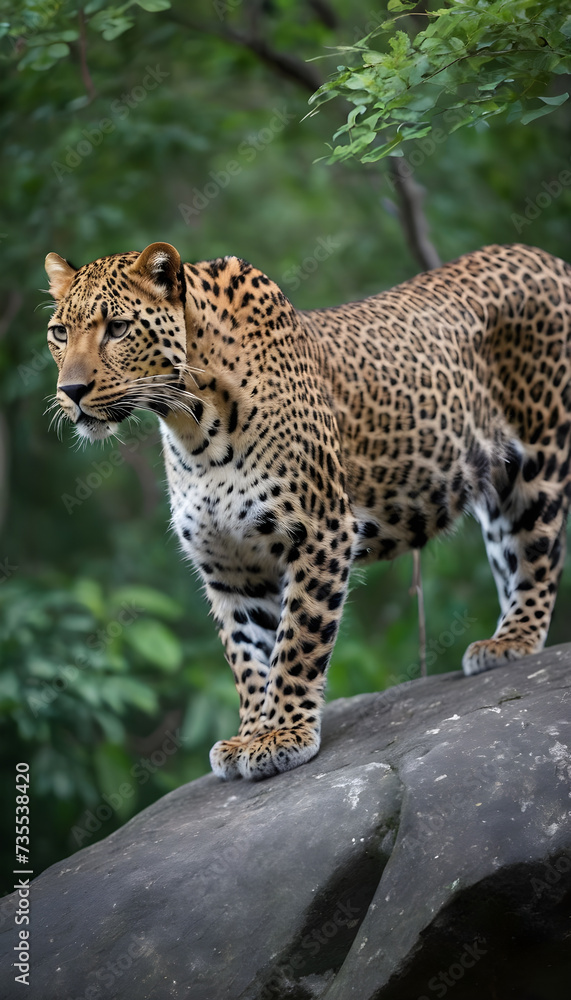 A formidable Leopard standing on a rock surrounded by trees and vegetation. Splendid nature concept. A formidable Leopard standing on a rock surrounded by trees and vegetation. Splendid nature concept.