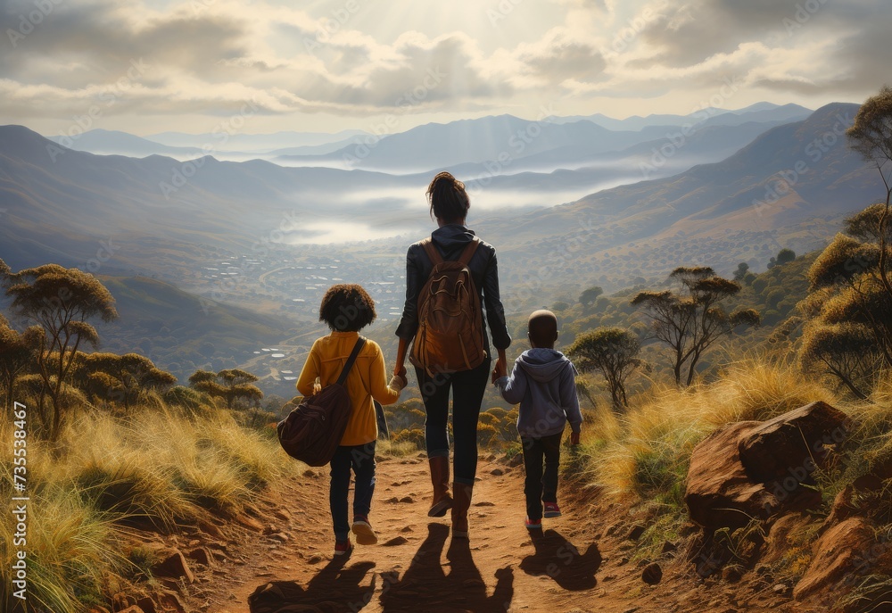 Woman and Two Children Ascending Trail