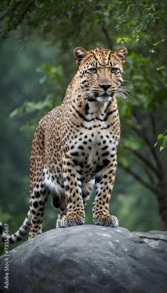 A formidable Leopard standing on a rock surrounded by trees and vegetation. Splendid nature concept. A formidable Leopard standing on a rock surrounded by trees and vegetation. Splendid nature concept.