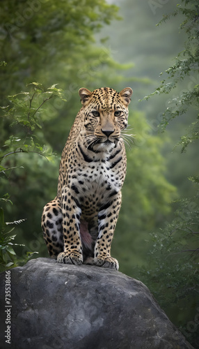 A formidable Leopard standing on a rock surrounded by trees and vegetation. Splendid nature concept.