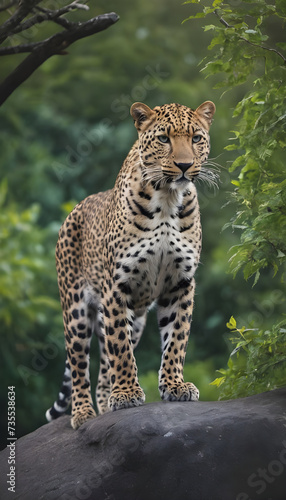 A formidable Leopard standing on a rock surrounded by trees and vegetation. Splendid nature concept.