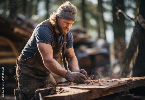 Bearded Man Working on Wood