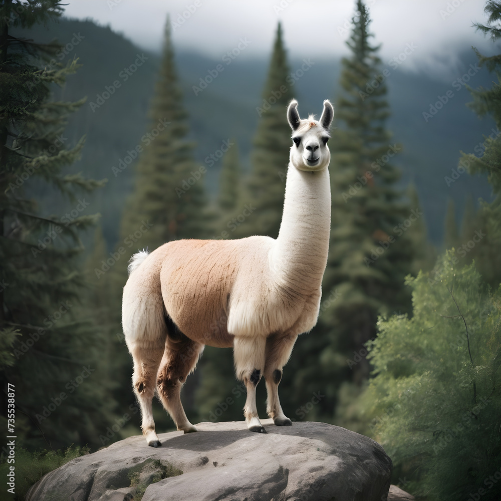 Obraz premium A formidable Llama standing on a rock surrounded by trees and vegetation. Splendid nature concept.