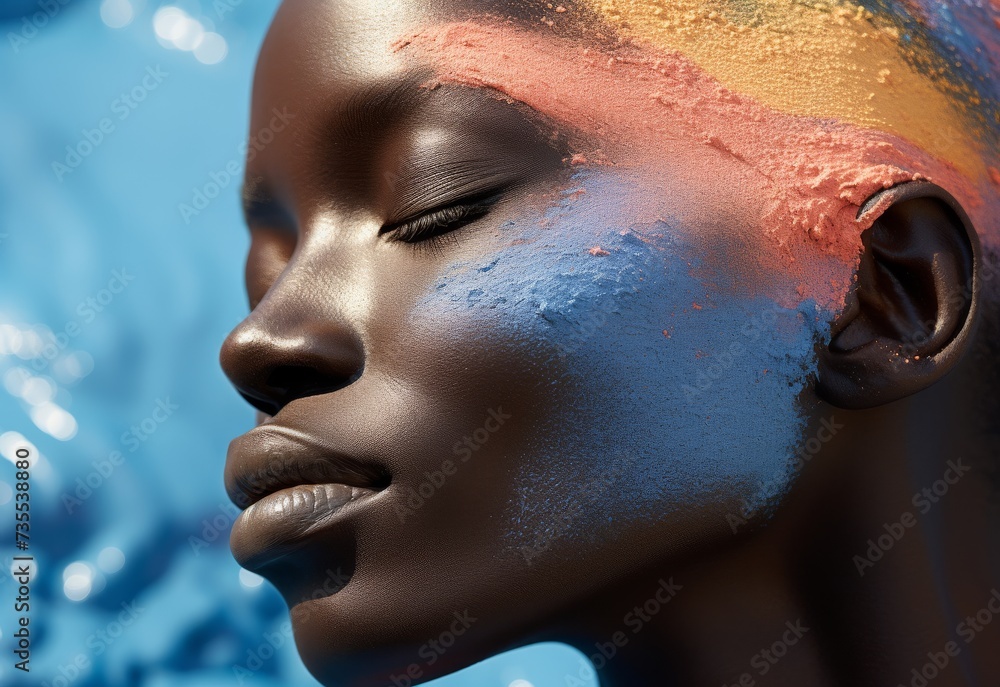 Woman With Face Painted in Rainbow Colors