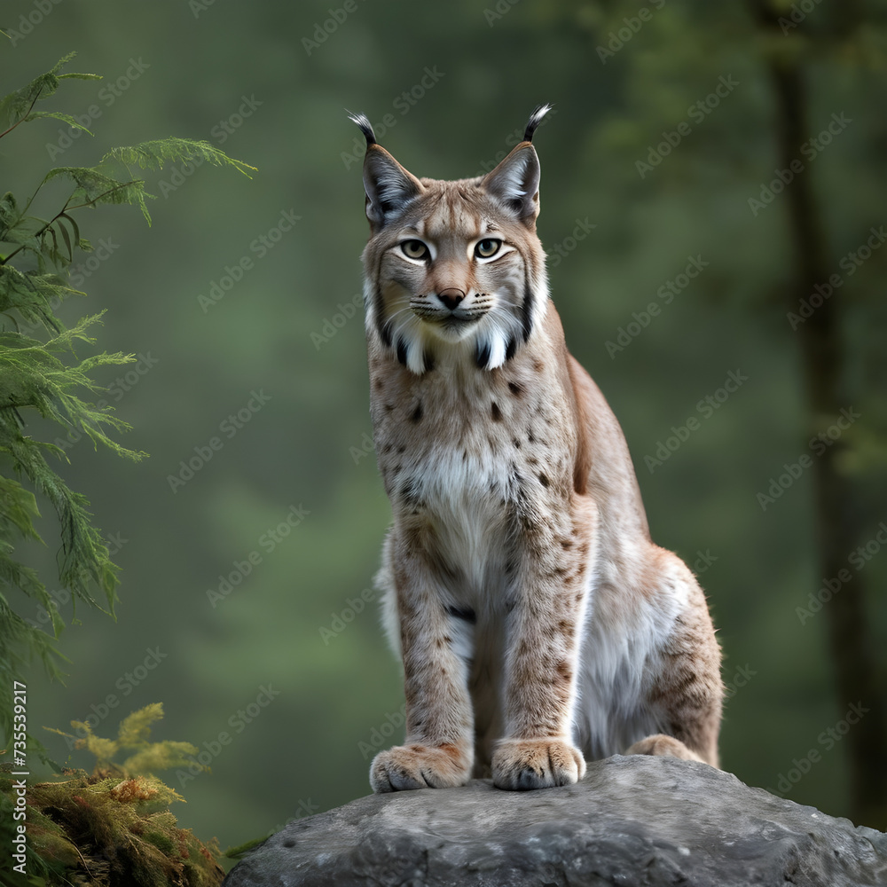 A formidable Lynx standing on a rock surrounded by trees and vegetation. Splendid nature concept. A formidable Lynx standing on a rock surrounded by trees and vegetation. Splendid nature concept.