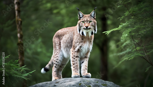 A formidable Lynx standing on a rock surrounded by trees and vegetation. Splendid nature concept. © Antonio Giordano