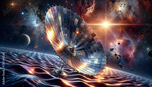 Solar sails catching the light of a distant star in a surreal cosmic landscape.