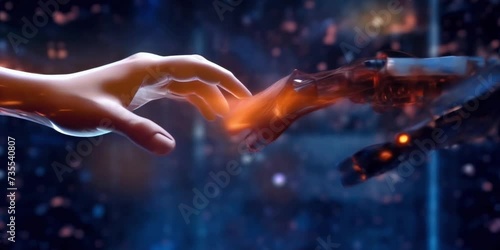 Hand of human and robot touching. Big data network connection. Artificial intelligence technology photo
