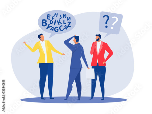 jargon words in speech communicate with technical word ,businessman talk with jargon word in speech bubble dialog make other confused. difficult to explain. Flat vector illustration.