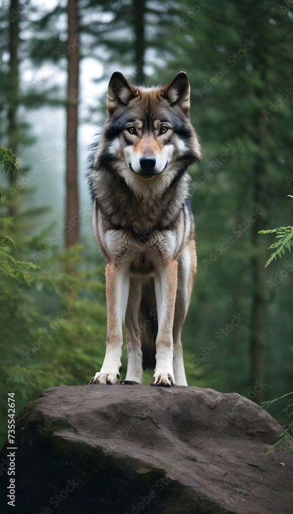 A formidable Wolf standing on a rock surrounded by trees and vegetation. Splendid nature concept. A formidable Wolf standing on a rock surrounded by trees and vegetation. Splendid nature concept.
