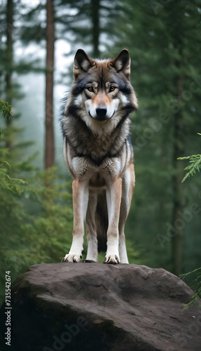 A formidable Wolf standing on a rock surrounded by trees and vegetation. Splendid nature concept.