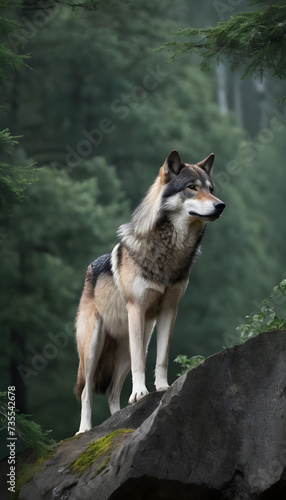 A formidable Wolf standing on a rock surrounded by trees and vegetation. Splendid nature concept. © Antonio Giordano
