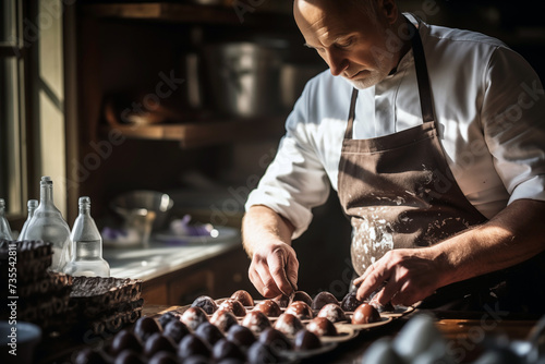 A male chocolatier making chocolate easter eggs in a country style kitchen, wearing a white shirt and apron.
