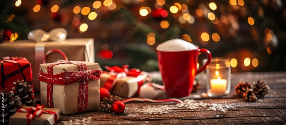 Festive Christmas Table Decor with Wrapped Gift Box and Glowing Candle in Warm Atmosphere Festive Christmas Table Decor with Wrapped Gift Box and Glowing Candle in Warm Atmosphere