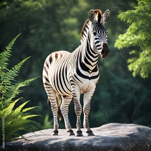 A formidable Zebra standing on a rock surrounded by trees and vegetation. Splendid nature concept.