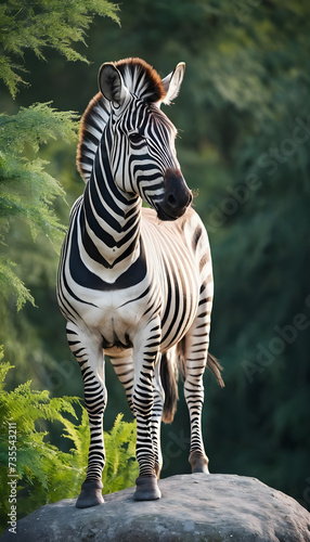 A formidable Zebra standing on a rock surrounded by trees and vegetation. Splendid nature concept.