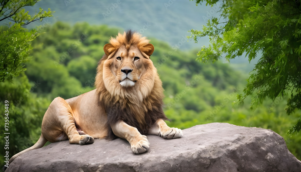 Obraz premium Majestic lion sits on rock surrounded by green trees, concept of Majestic and Nature