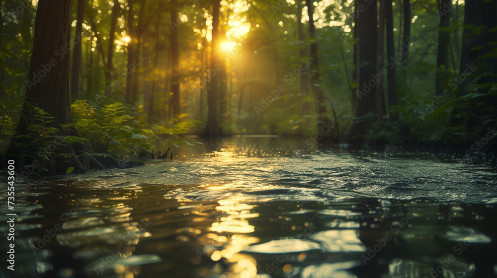 Obraz premium In the serene river scene, the tranquil waters reflect the verdant foliage of the dense tropical rainforest, while the soft sunlight filters through the mist, creating an ethereal ambiance at dawn.