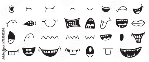Set of 70s groovy comic mouth vector. Collection of cartoon character mouth, in different emotions, happy, angry, sad, cheerful. Cute retro groovy hippie illustration for decorative, sticker