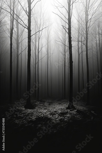 A dramatic creepy haunted path in a dark misty forest with fog.