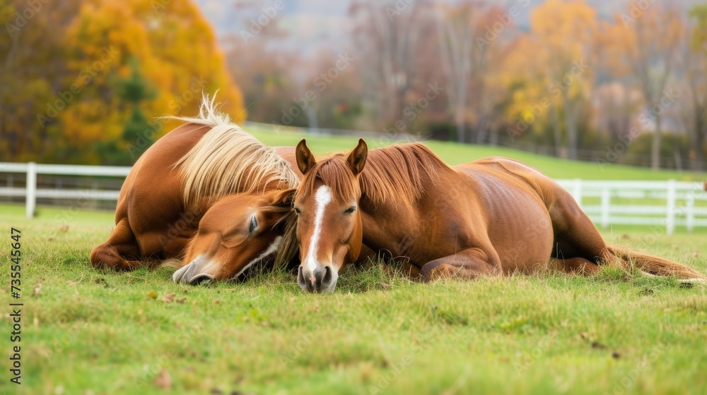 Peaceful Dreamland: Mare and Foal Sleeping in Serene Pasture AI Generated. - obrazy, fototapety, plakaty 